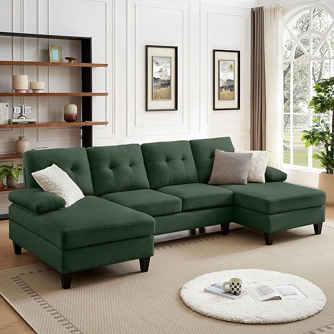 Chireca 111" Sectional Couch for Living Room, Modern Polyester Fibre U Shaped Sofa Couches with Double Chaise, Upholstered 4 Seater Sofa for Living Room, Apartment, Office, Dark Green