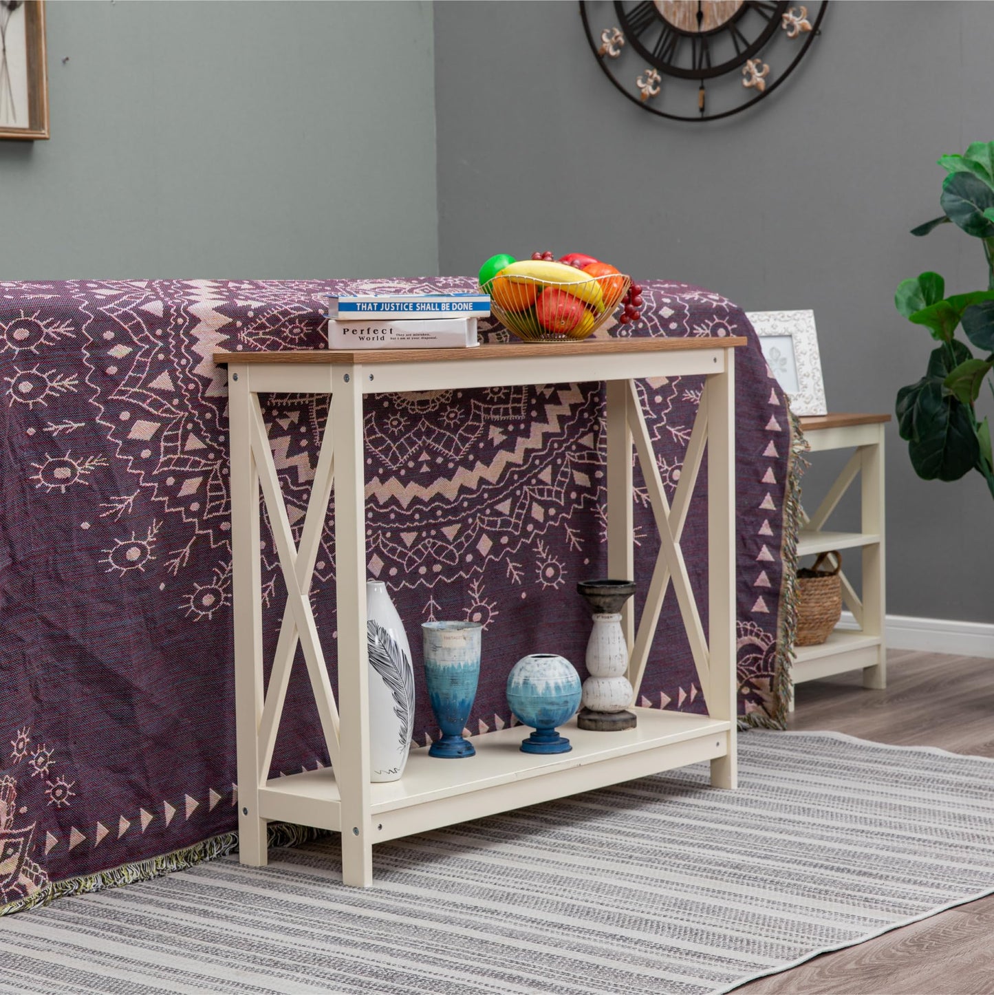 GREEN PARTY 40'' Console Table with Storage Shelf, 2 Tier Farmhouse Sofa Table X-Shaped Design Couch Table Narrow Console Table for Entryway, Hallway, Living Room, Ivory