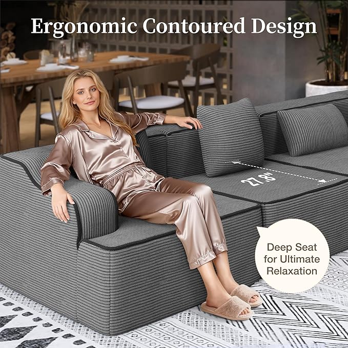 SUNSHINE VALLEY 3 Seat Boneless Sectional Couch in Box, 104'' Corduroy Modular Cloud Sofa for Living Room Bedroom, Modern Upholstered Couch with Deep Seat, No Assembly Required, Grey