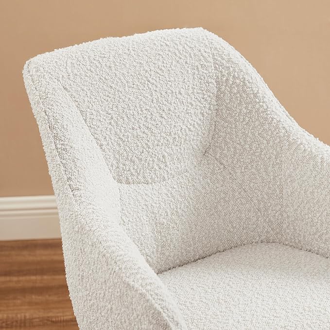 Art Leon Dining Chair, Mid Century Modern Boucle Fabric Upholstered Swivel Dining Room Chair with Oak Wood Legs, Leisure Side Chair with Arms for Living Room, White