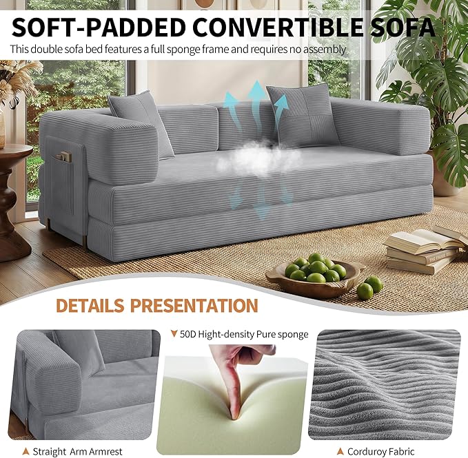 Fancyfire 78.8" Convertible Sofa Bed with Armrest Pillow,4-in-1 Sleeper Couch Bed for Livingroom,Modular Corduroy Boneless couches,No Assembly (Grey)