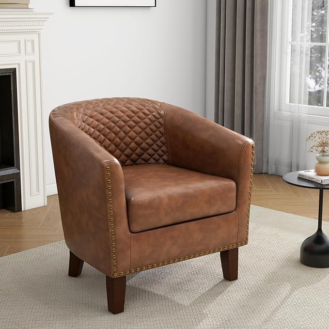 UIXE Faux Leather Accent Chair, Barrel Club Chair Modern Upholstered Armchair for Living Room, Comfy Round Arm Chair Single Sofa Bedroom Reading Seat - Brown