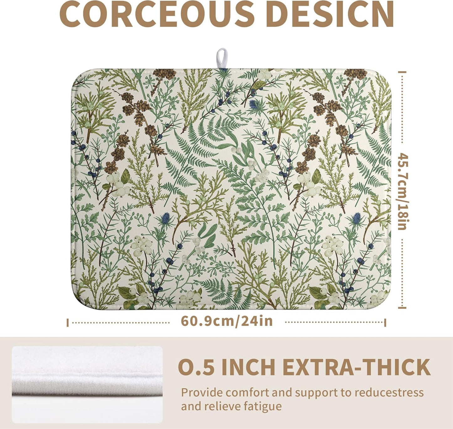 Sage Green Botanical Floral Dish Drying Mat for Kitchen Counter Vintage Herbs Fern Leaves Plant Drying Mats Absorbent Microfiber Dishes Drainer Mats Washable Dish Draining Pad Extra Large 18"x24"