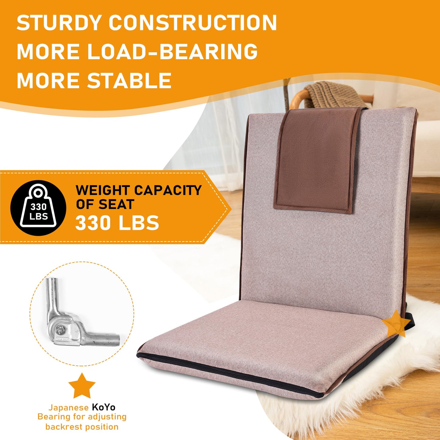 FASTMOMENT Adjustable Floor Chair with Back Support - 14-Position Portable Foldable Meditation Chair for Adults & Kids - Japanese KOYO Bearings & Washable Linen Cover (Coffee)