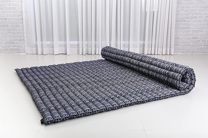 Leewadee - Foldable Floor Mattress - Japanese Roll Up Futon -Trifold Tatami Mat- Guest Floor Bed - Camping Mattress - Thai Massage Mat, Kapok Filled, 75 x 57 inches, Blue White