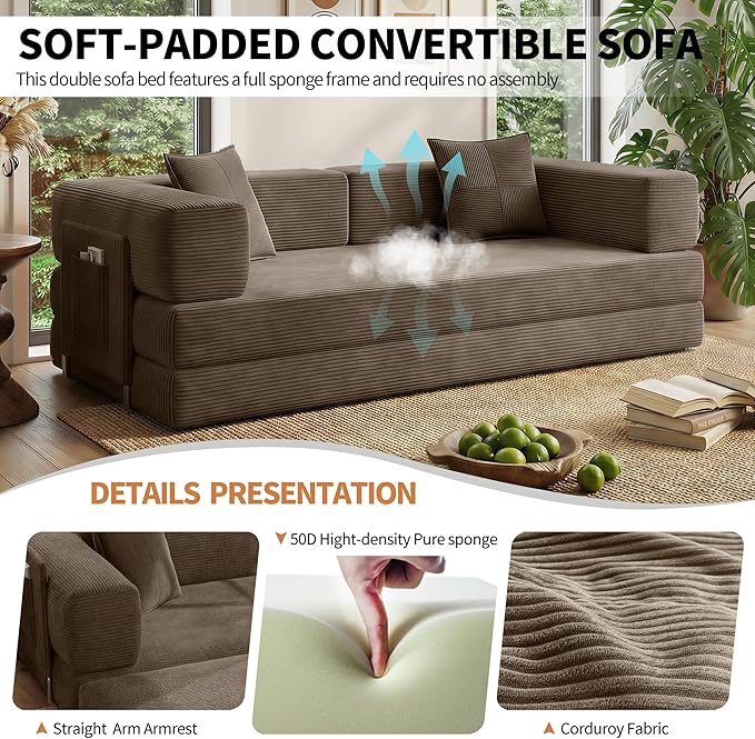 Fancyfire 78.8" Convertible Sofa Bed with Armrest Pillow,4-in-1 Sleeper Couch Bed for Livingroom,Modular Corduroy Boneless couches,No Assembly (Brown)
