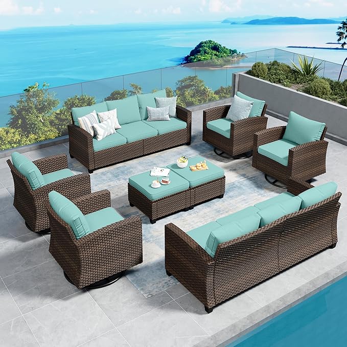 SUNSHINE VALLEY Swivel Glider Patio Furniture Set Outdoor Furniture Brown Wicker Rattan Patio Conversation Sets with Cushion Outside Sofa Set,8 Pieces,12 Seats,Blue