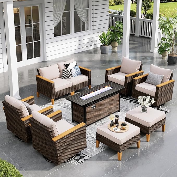 Sophia & William Patio Furniture Set with 56" Fire Pit Table & Swivel Chairs, 9 Piece Outdoor Sectional Furniture Wicker Modular Sofa Couch, Conversation Set for Deck Backyard Lawn, Beige