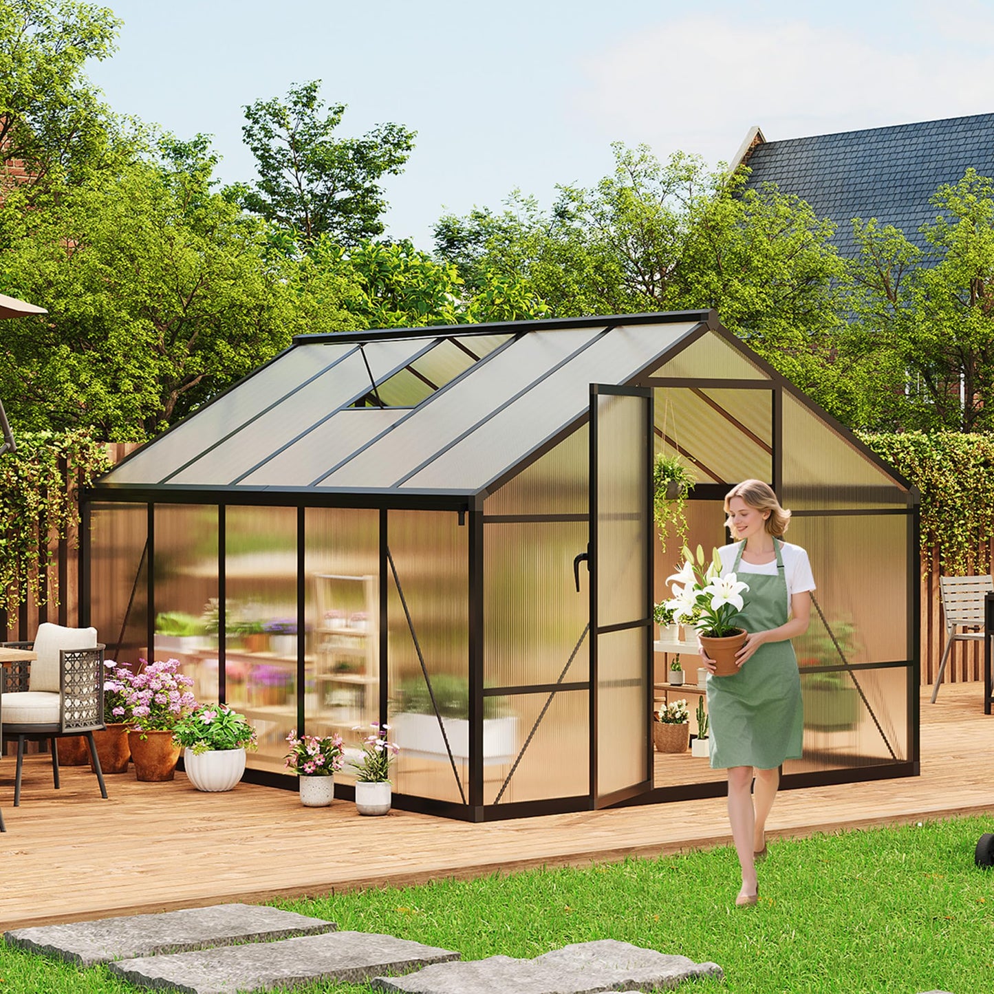 8X10FT Greenhouse, Aluminum Polycarbonate Outdoor Green House, Green Houses for Outside with Sliding Doors, Ajustable Roof Vent, Withstands Bad Weather for Garden, or Backyard, Black