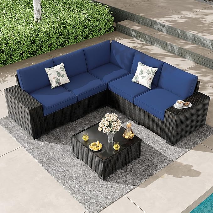 SunloungeCo 6 Pieces Patio Furniture Set, Outdoor Couch Sofa with Wider Armrests & Glass Coffee Table, Outdoor Sectional Furniture with Thick Cushions for Party, Poolside,Garden-Navy