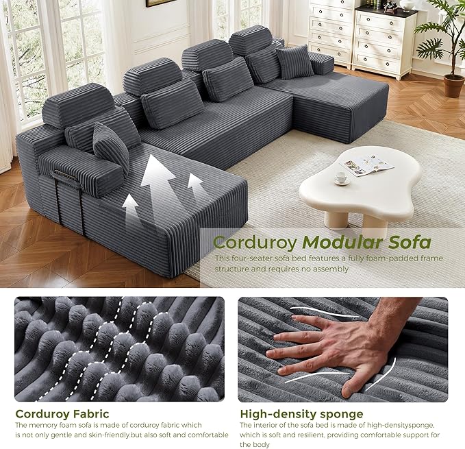 141" U-Shaped Cloud Modular Sectional Sofa with Chaise & Headrest, Boneless Deep Seat Plush Corduroy Couches for Large Living Room, No Assembly Required (Dark Gray, 141" U-shapred Chaise)