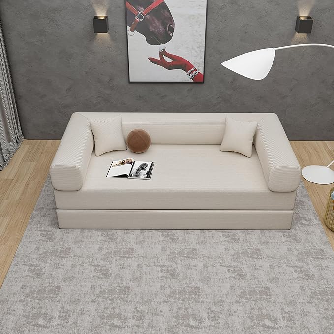 Convertible Couch Sofa Bed Foldable Floor Sleeper | Upgraded ALL High-Density 35D Foam | Fold Out Deep Seat Couch | King Size | Compression Sofa Sleeper for Living Room, Bedroom | Corduroy Beige