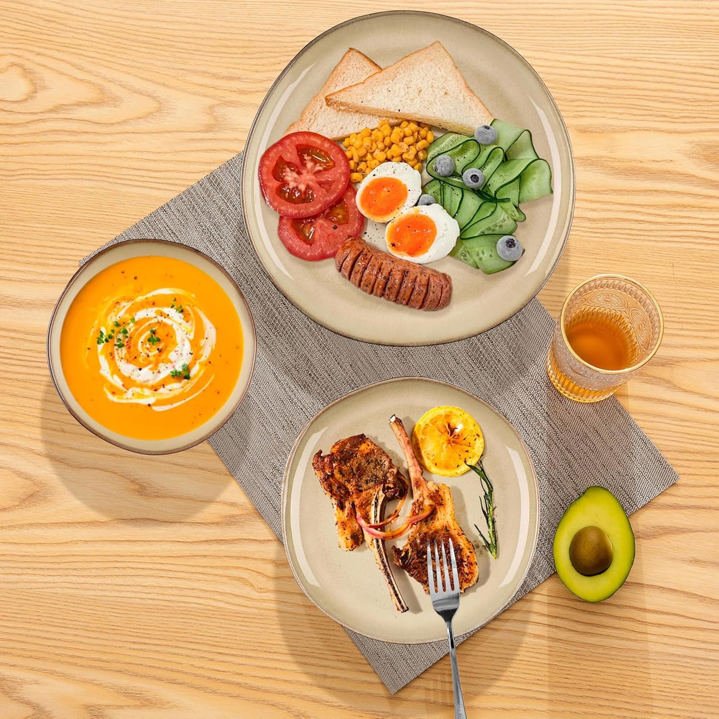 Herogo Dinnerware Sets for 8, 24pcs Stoneware Dinner Dish Set, Irregular Handmade Plates and Bowls Dishware, Crack and Scratch Resistant, Microwave & Dishwasher Safe, Cream Khaki