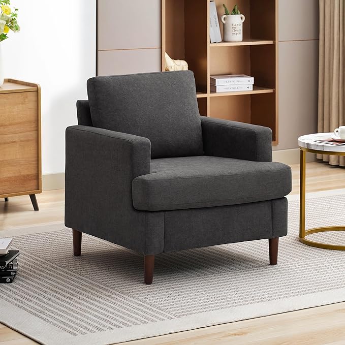 Weture Mid-Century Accent Chair,Modern Linen Fabric Armchair for Living Room,Comfy Upholstered Reading Accent Chairs for Bedroom,Single Sofa Chair with Wood Legs (Dark Grey, 1 Pack)