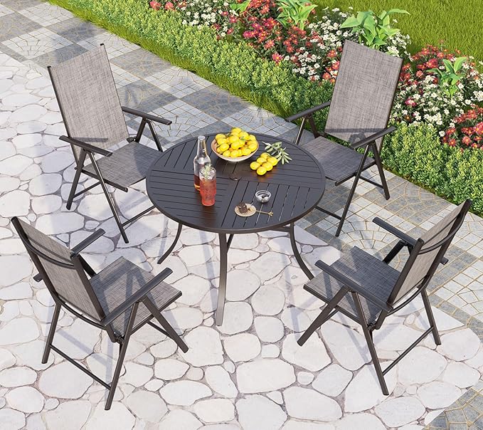 PHI VILLA Outdoor Patio Folding Chairs Set of 2, Portable Patio Dining Chairs with Adjustable Backrest for Outside, Garden, Lawn & Yard, No Assembly, Grey