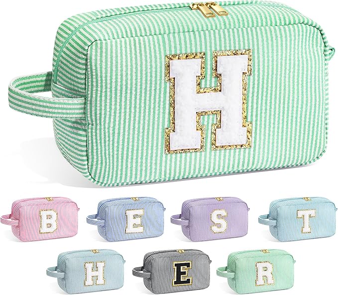 YOOLIFE Initial Makeup Bag - Personalized Monogram Cute Green Makeup Bag Cosmetic Travel Toiletry Pouch Make Up Case for Women Mom Best Friend Bridesmaid Sister Teacher, Birthday Gifts for Women Her H