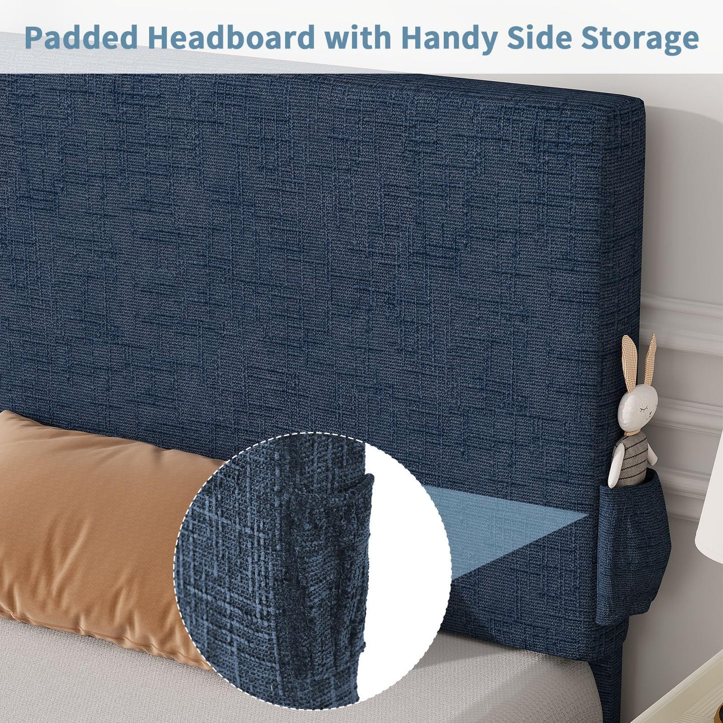 Twin Bed Frame with Headboard, Chenille Fabric Upholstered Platform Bed with Strong Wooden Slats, Kids Twin Bed Frame, No Box Spring Needed, Noise Free, Easy Assembly, Blue