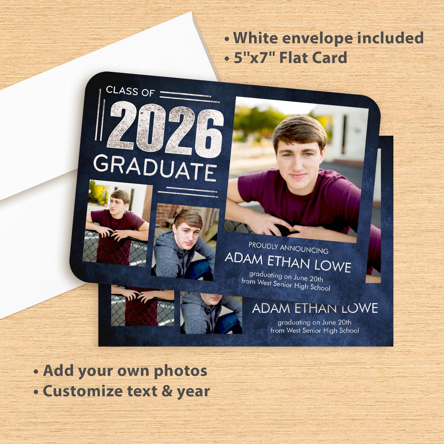 Let's Make Memories Personalized Graduation Announcements Class of 2025-15 Premium Quality Invitations - 5x7 - Custom Photo Cards & White Envelopes - Silver + Indigo - 15 ct
