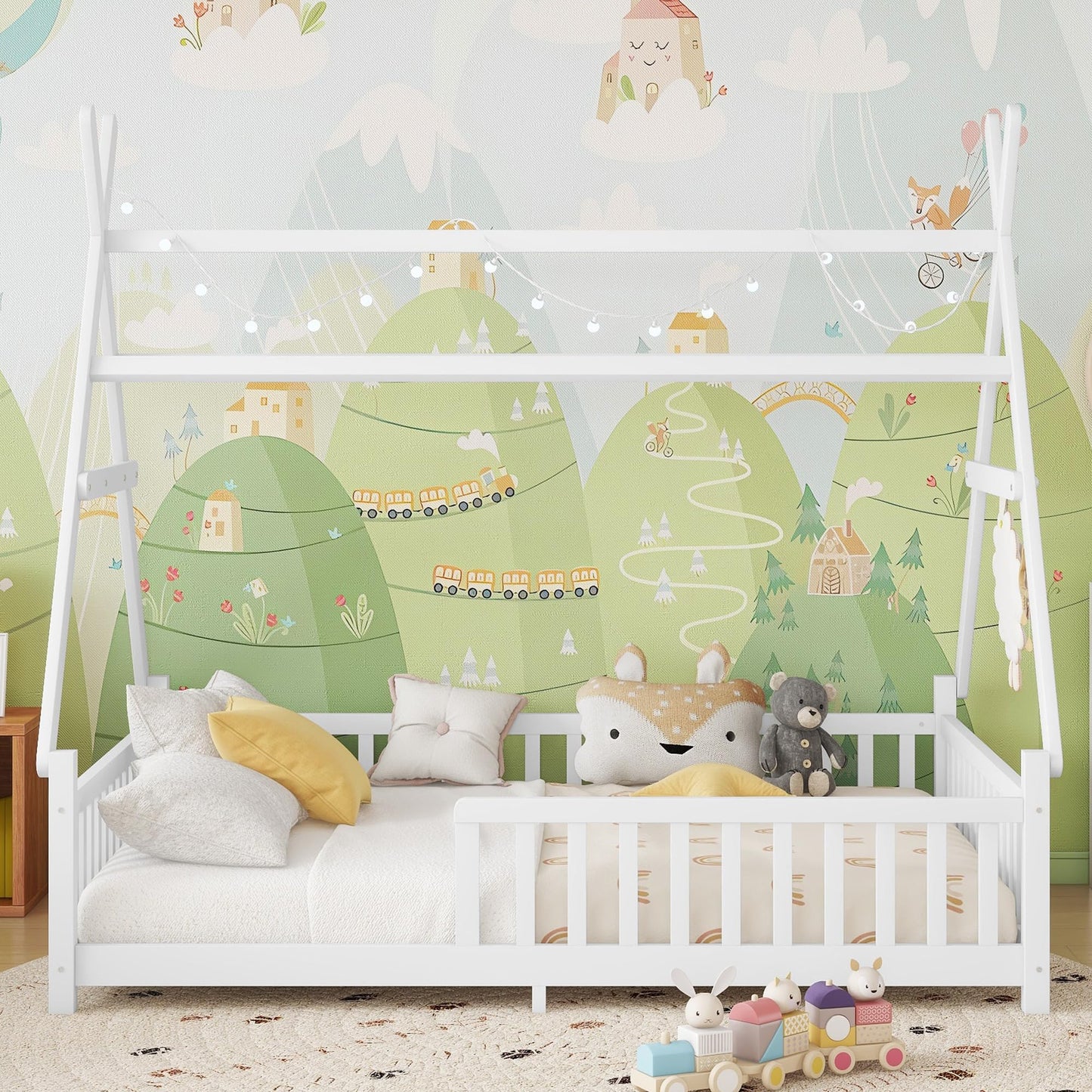 Mirightone Teepee Floor Bed for Kids, Full Size Montessori Beds with Rails, Detachable Floor Tent Bed with Slats and Hanging Rack, Wood House Bedframe for Boys Girls, White