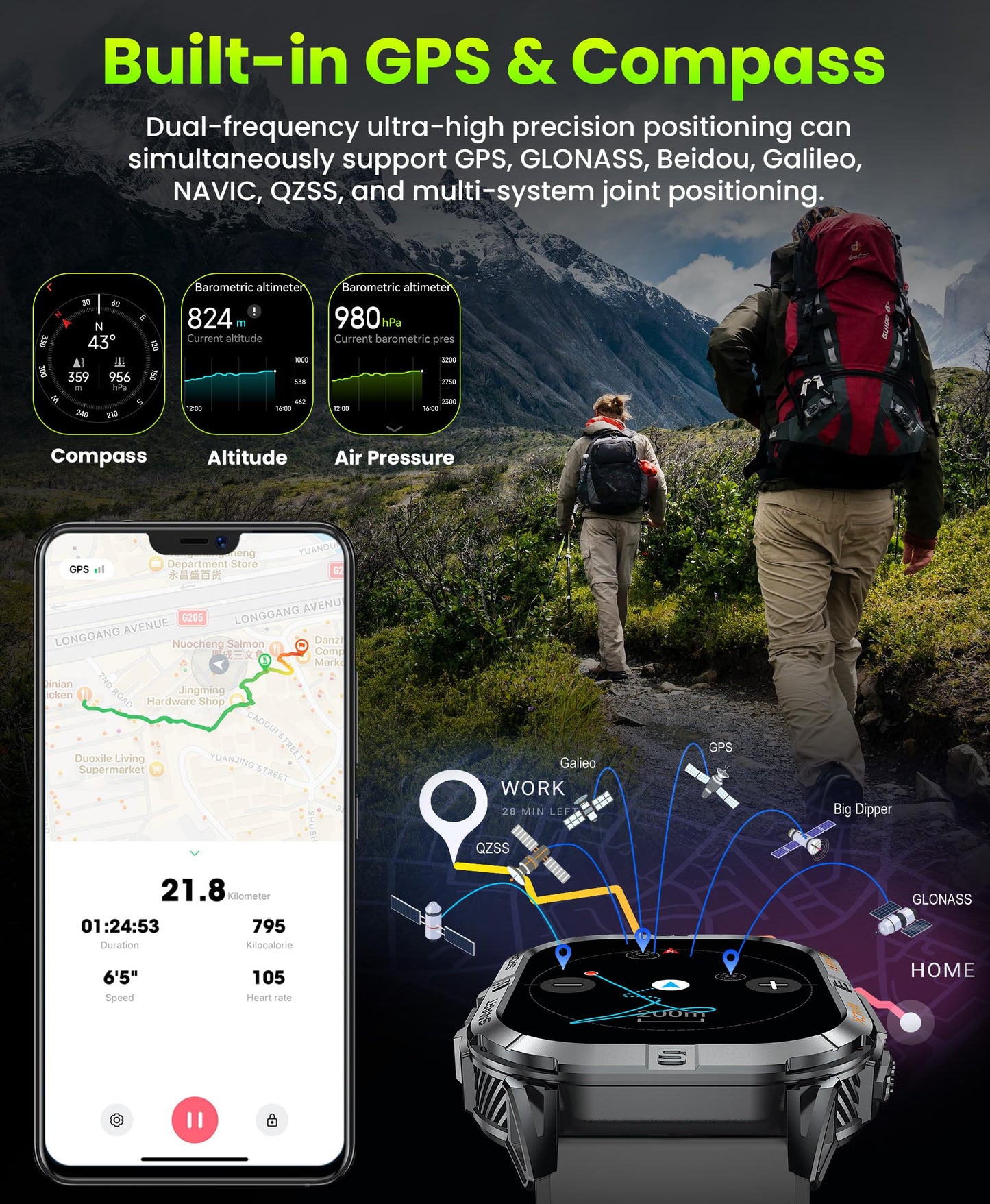 Joautrial Military Smart Watch - GPS, 2.13" AMOLED, 3ATM Waterproof, Black, Extra Large, Model 1771d879-e962