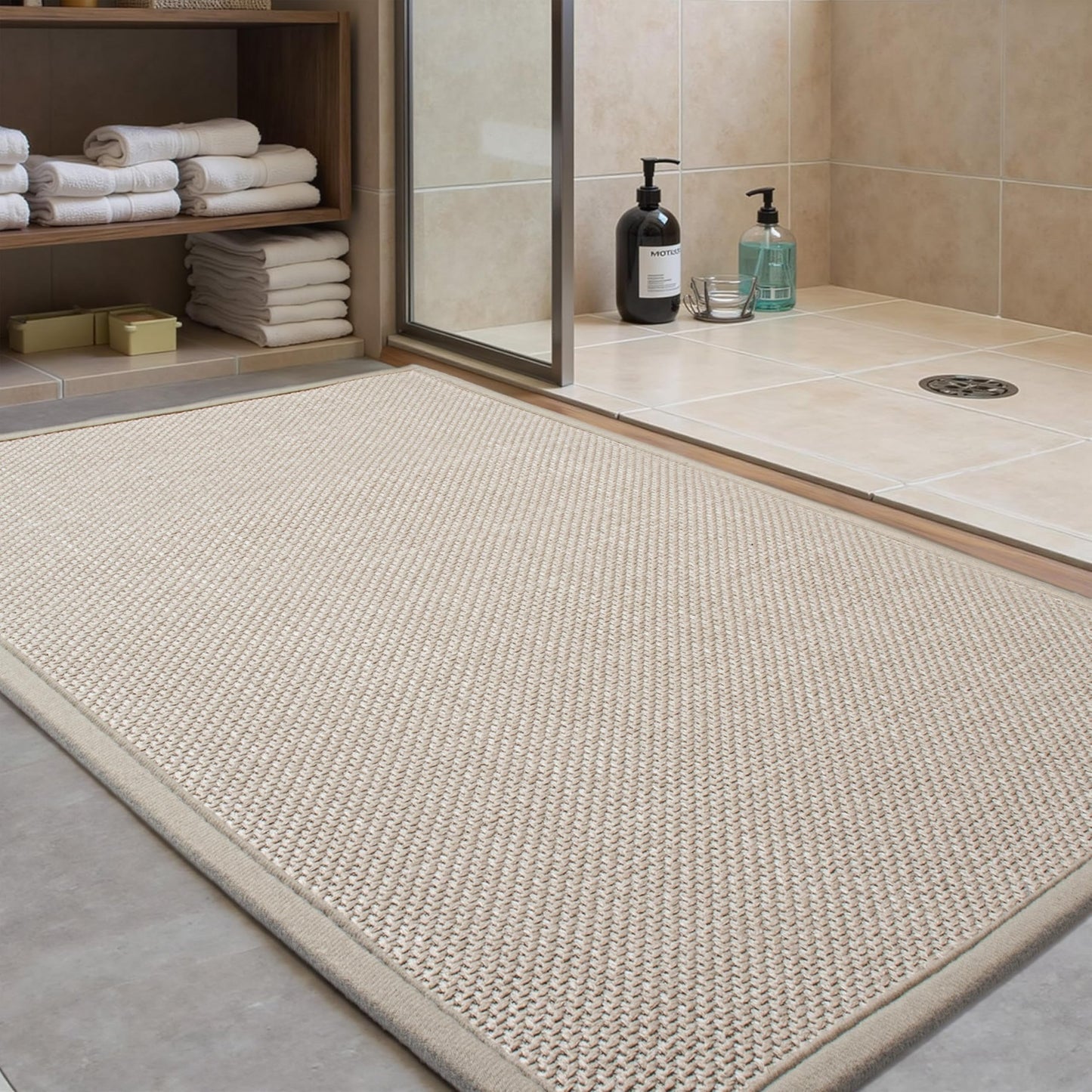 AevitasX Ultra Thin Non Slip Bath Mat with Rubber-Backing Braided Absorbent Machine Washable Bathroom Rugs, Quick Dry, Fits Under Door 17" x 24" Beige