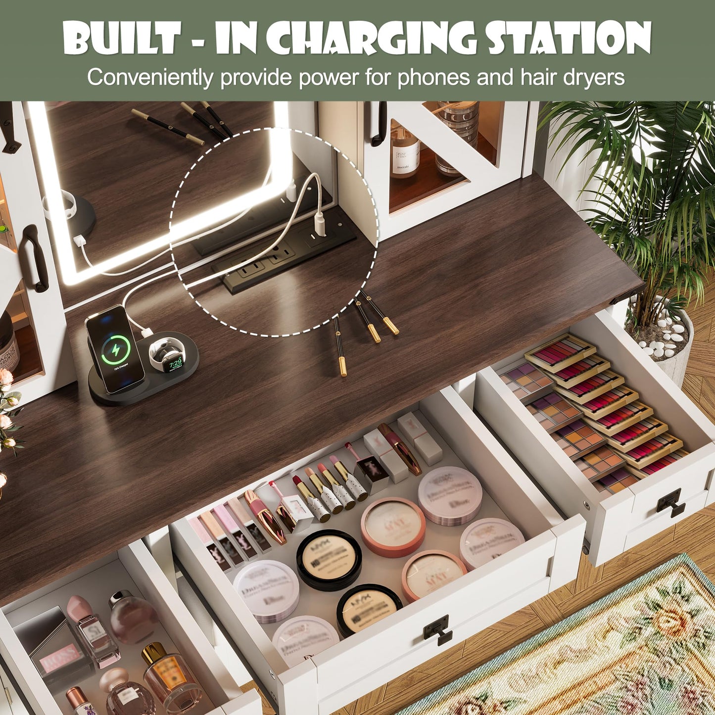 GDFStudio 43.3" Farmhouse Makeup Vanity Desk with Lighted Mirror, Dressing Table Set with Sliding Barn Door Hidden Shelves, 3 Drawers & 4 Cabinets, Charging Station, Beige and White Finish
