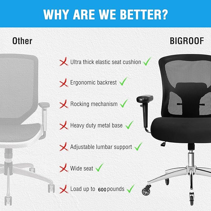 Big and Tall Office Chair 600lbs, Heavy Duty Ergonomic Mesh Chair, Computer Executive Desk Chair with Wide Thick Seat, Adjustable Armrests, Lumbar Support