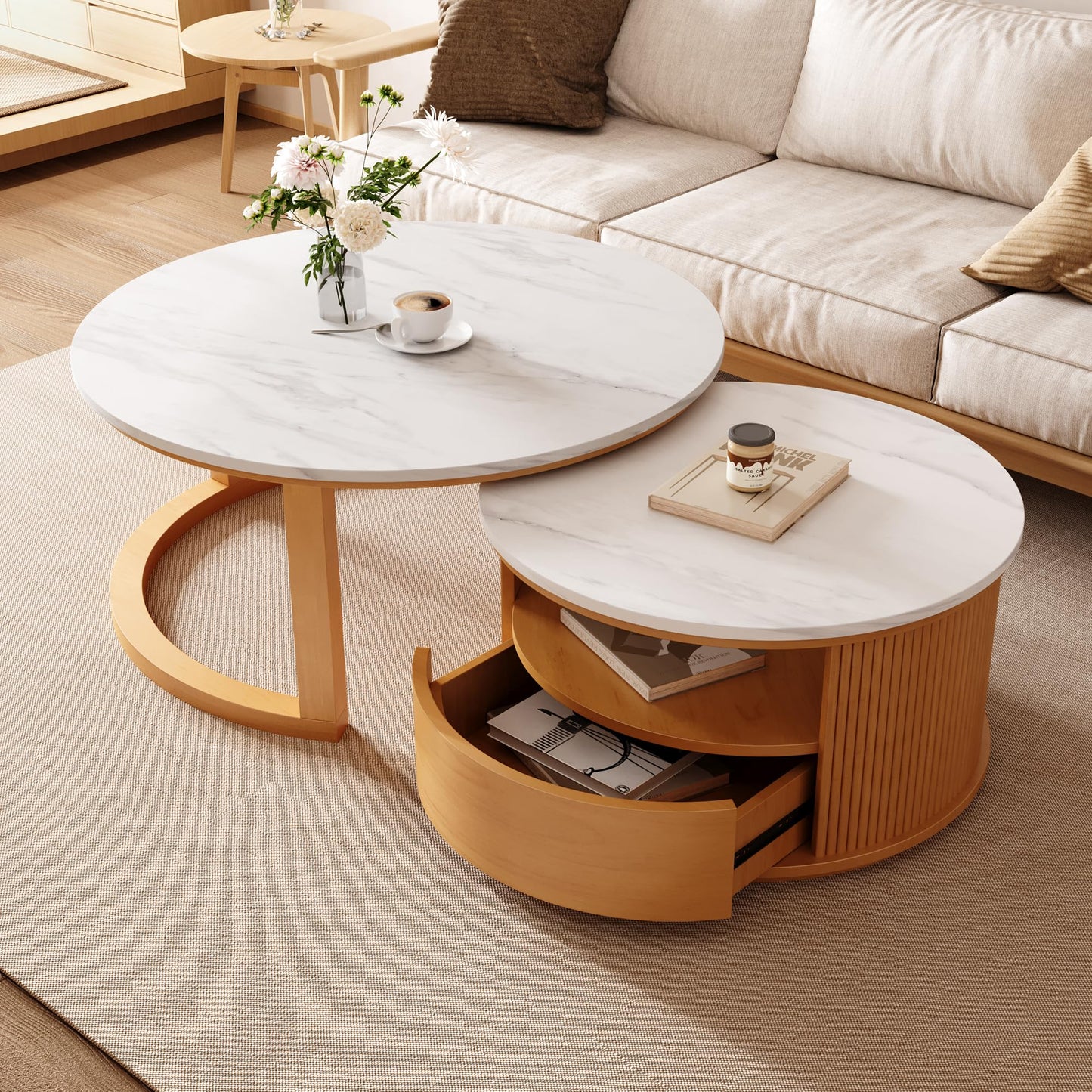 Merax 28.5" Round Nesting Coffee Table Set, Elegant Luxurious White Marble Top, Wood Finish, 2-Tier Storage and 1 Drawer for Living Room Apartment, Natural