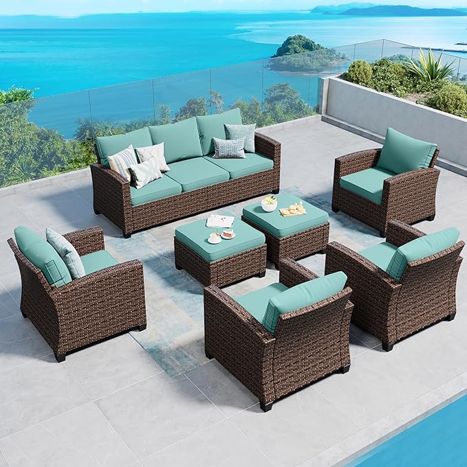 SUNSHINE VALLEY Patio Furniture Set Outdoor Furniture Brown Wicker Rattan Patio Conversation Sets with Cushion Outside Sofa Set,7 Pieces 9 Seats,Blue
