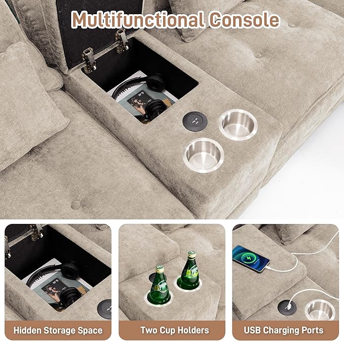 BEQAI 134"U Shaped Sectional Couches for Living Room, Oversized Modular Sectional Fluffy Couch with 2 Ottoman & Storage Console,Modern 6 Seat Living Room Sofa with Glitter Fabric,Tufted Buttons, Camel