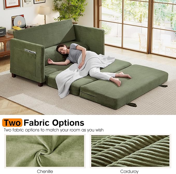 kakuboohi 65" Loveseat Sleeper Sofa Bed, Corduroy Convertible Sofa Bed for Small Spaces, Folding Couch Bed with Deep Seat, 2 Pillows & Solid Frame, Pull Out Floor Couches for Living Room, Green