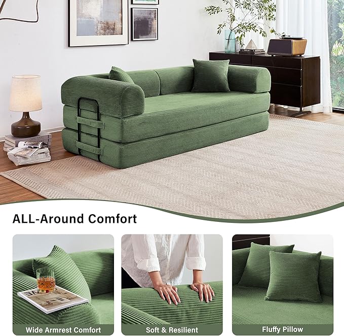 79" 5-in-1 Folding Convertible Sofa Bed, Oversized Corduroy Futon Floor Couch with Pull-Out Sleeper, Modular Boneless Loveseat for Small Spaces, Living Room, Bedroom(Dark Green)