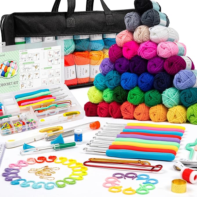 INSCRAFT 113 Piece Crochet Kit with Yarn Set– 1600 Yards Assorted Yarn for Knitting and Crochet, 73PCS Crochet Accessories...