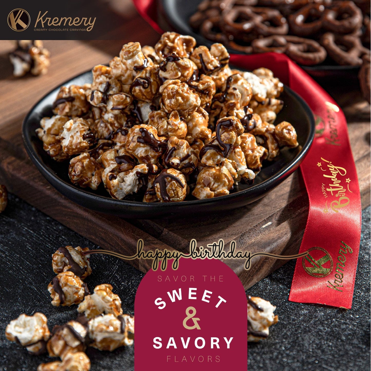 KREMERY Creamy Chocolate Cravings - Happy Birthday Treats, Chocolate Covered Pretzels & Caramel Popcorn Gift Basket, in Seagrass Tray + Ribbon & Greeting Card (Deluxe, 3.5 lbs) Food Assortments