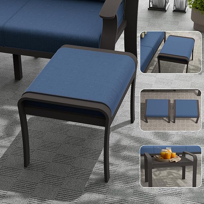 RTDTD Aluminum Outdoor Patio Furniture Set,8 Seats Patio Conversation Sets with 45" Propane Fire Pit Table,Metal Patio Sectional Furniture Set with Ottomans,Navy Blue
