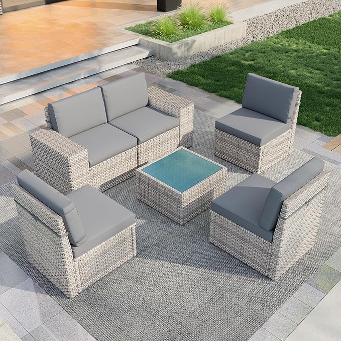 PCSXDSW 6-Piece Outdoor Patio Furniture Set, Rattan Wicker Conversation Set with Wide Armrests, Outdoor Modular Sectional Couch Seating Group Sofa for Deck Garden Porch (Gray Cushions)