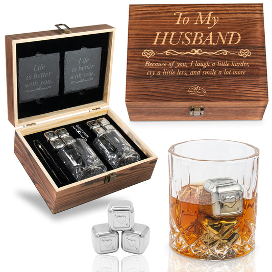 Anniversary For Him ‘To My Husband’ Engraved Whisky Glass Gift Set | Romantic Present for Husband | Unique Wedding - Birthday or Anniversary Idea
