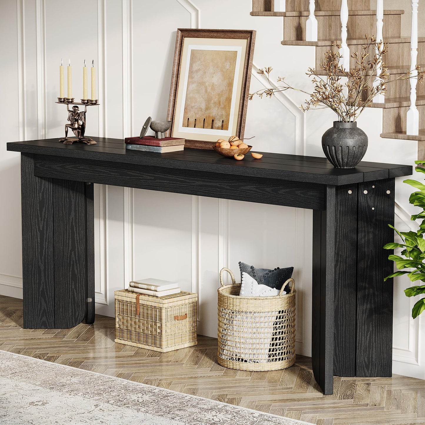 Tribesigns Farmhouse Console Table, 70.9-Inch Extra Long Console Table, Wood Sofa Table Behind Couch with Widened Tabletop & Sturdy Double Pedestal for Living Room, Hallway, Foyer (Black)