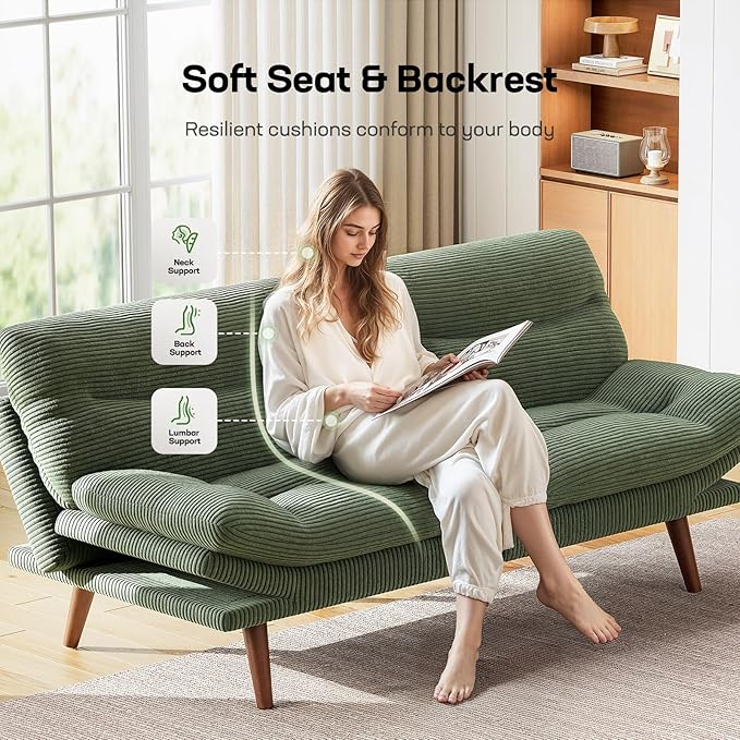 Marsail Futon Sofa Bed, 66” Futon Couch with Adjustable Backrest & Armrests, Convertible Small Sleeper Sofa Bed for Small Apartments, Study Room, Office, Corduroy Loveseat, Dark Green