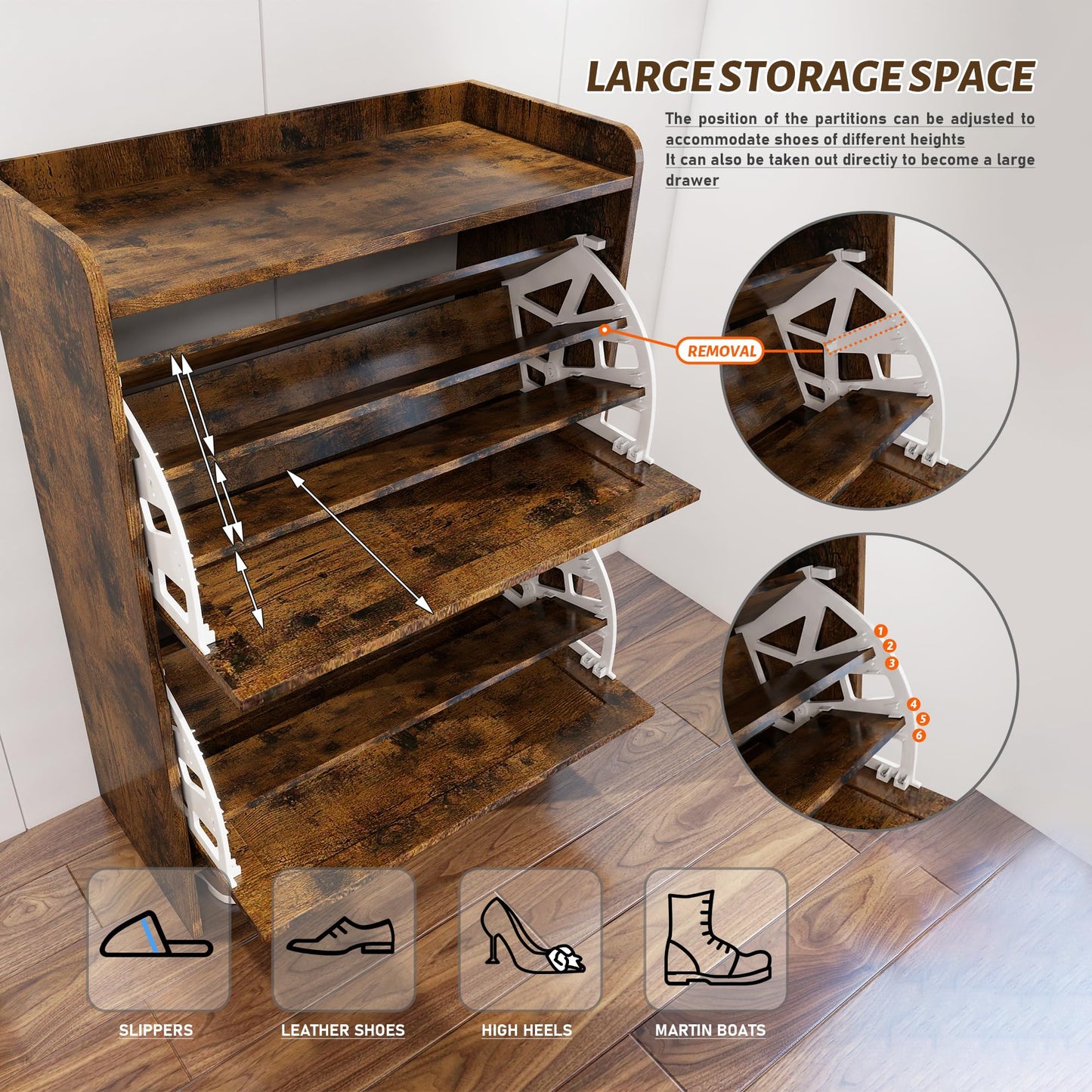 Shoe Cabinet with 2 Flip Drawers, Shoe Cabinet Storage for Entryway with Wider Adjustable Shelf, Hidden Freestanding Farmhouse Shoe Rack Organizer for High Heels, High - Top Shoes＆Plus Size Shoes