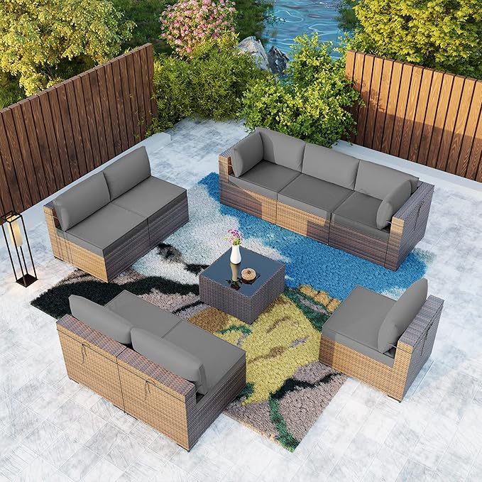 Kullavik 9 Pieces Outdoor Patio Furniture Set,Outdoor Sectional Rattan Sofa Set Brown PE Rattan Wicker Patio Conversation Set with Tempered Glass Coffee Table and Washable Cushions Covers,Grey