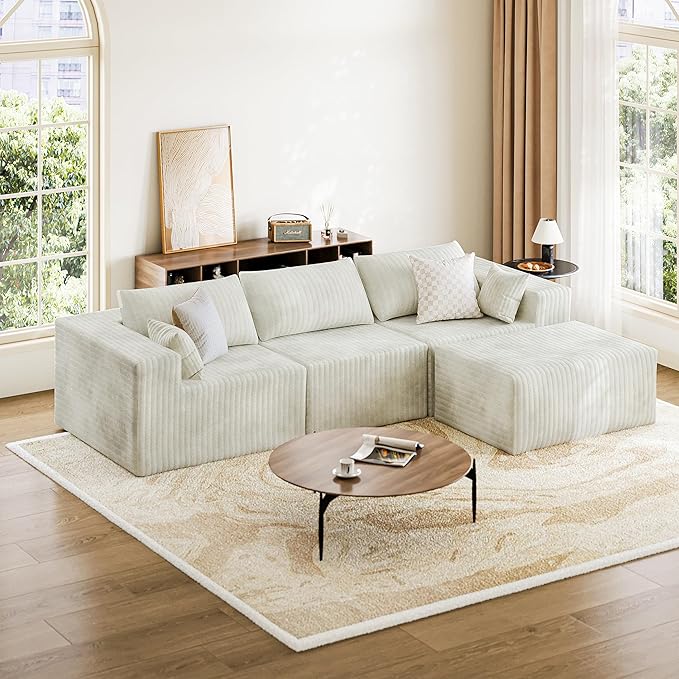 CABZOON 110" Cloud Couch Sectional for Living Room L-Shape Boneless Couches Modular Sectional Sofa with Deep Seat with Chaise,No Assembly Required, Carbon White(Plush Corduroy Fabric)