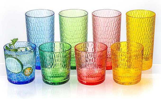 MIYOPESI 15oz and 22oz Colorful Acrylic Glasses Drinkware (Set of 8), Honeycomb Stackable Shatter-Proof Plastic Tumblers, ...