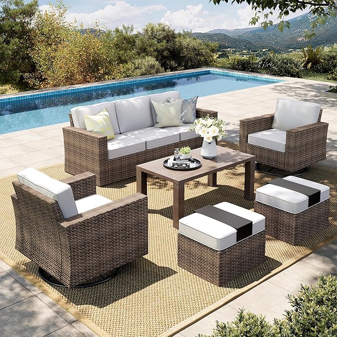 HERA'S HOUSE Swivel Glider Patio Furiture Set with 4.92" Wide Armrests, Outdoor Wicker Conversation with 5.5" Waterproof Cushions, 6 Pieces Outside Sofa Set for Deck Lawn, Grey