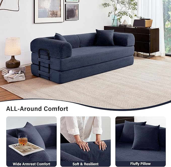 79" 5-in-1 Folding Convertible Sofa Bed, Oversized Corduroy Futon Floor Couch with Pull-Out Sleeper, Modular Boneless Loveseat for Small Spaces, Living Room, Bedroom (Dark Blue)