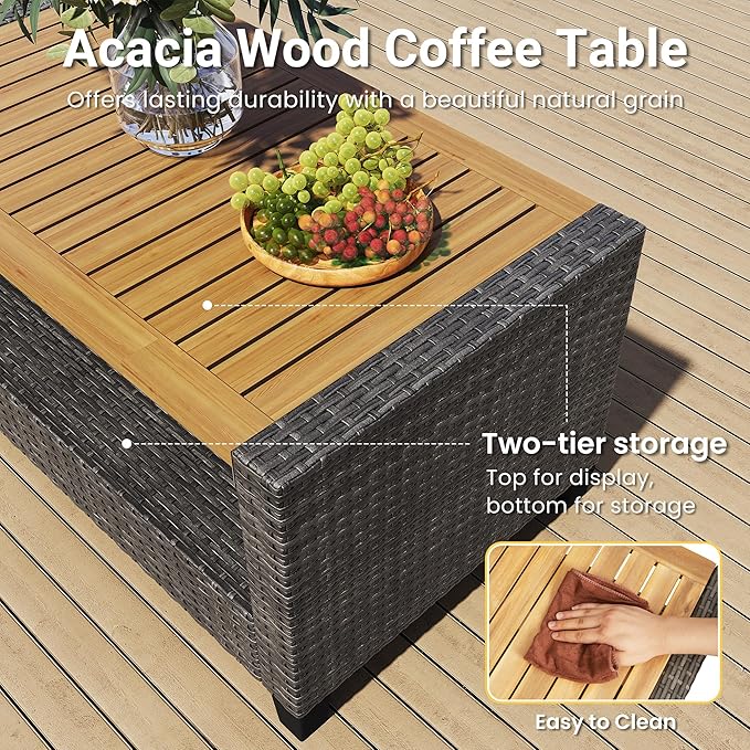 Wisteria Lane 4 Piece Patio Furniture Set, Wicker Outdoor Patio Conversation Furniture Set, All Weather Outdoor Patio Sofa with Cushion and Wood Table, Gray Wood