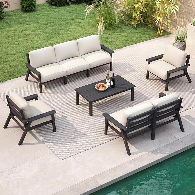 Patio Kingdom 7 Piece Patio Furniture Set, HDPE Outdoor Sectional with Beige Washable Thick Cushions, Coffee Table & Side Table, Patio Conversation Sets for Lawn, Garden, Porch, Balcony (Black Frame)