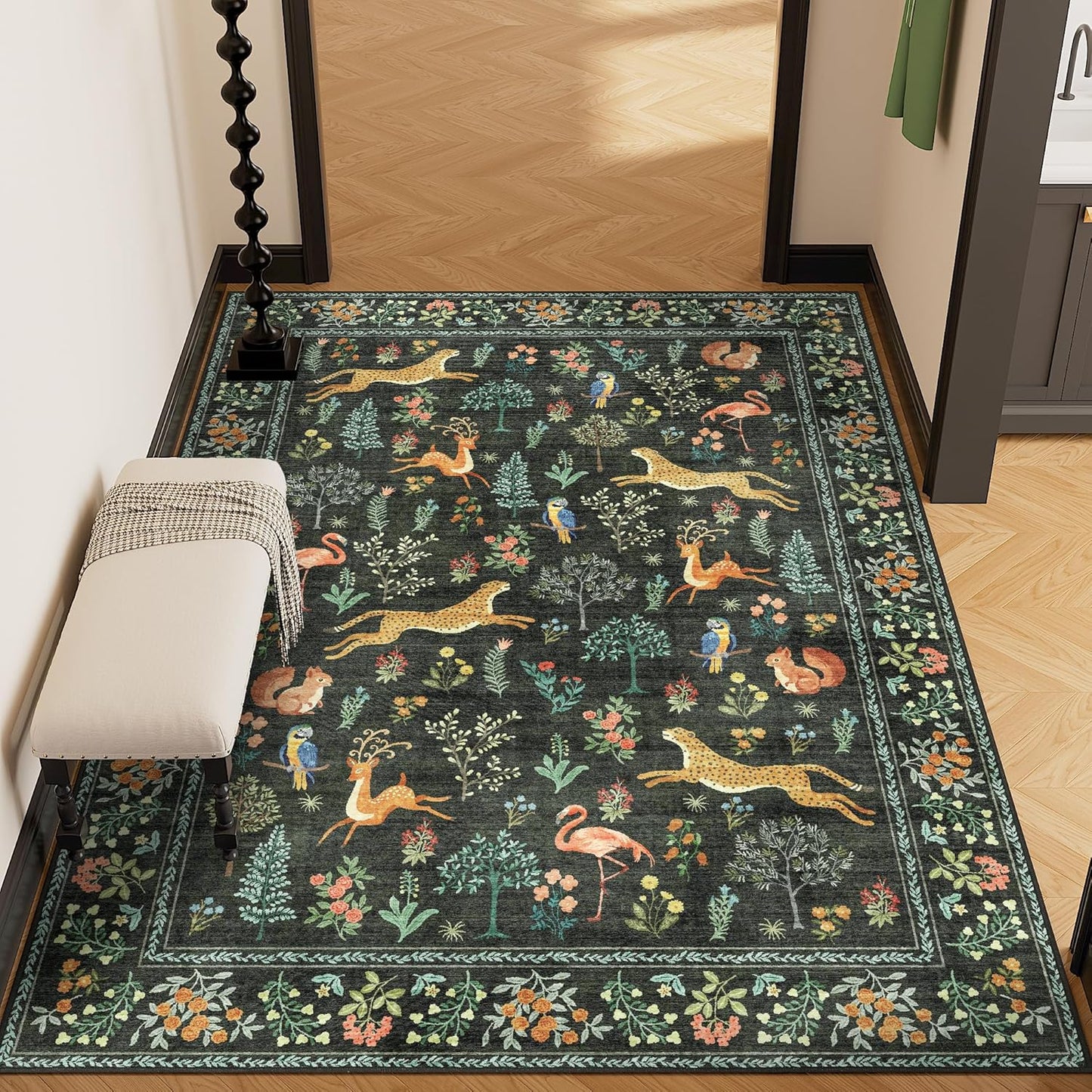 DUKINO 4x6 Rug, Washable Animal Area Rug with Non Slip Vintage Design, Indoor Soft Low Pile Carpet for Bedroom, Nursery, Dining Room, Farmhouse, Playroom, Black