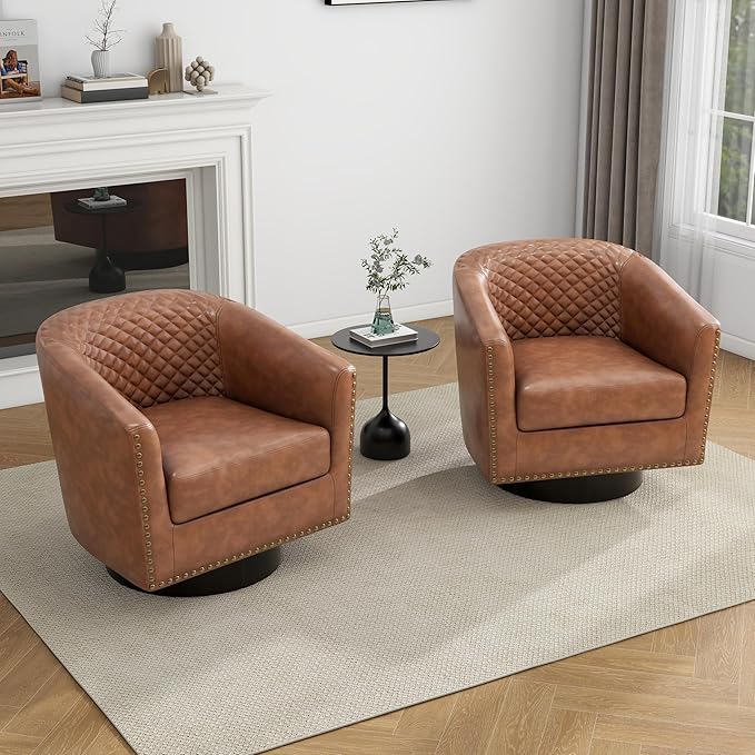 UIXE Swivel Accent Chairs Set of 4, PU Leather Barrel Club Chair for Living Room, Upholstered Round Armchair Comfy Single Sofa Bedroom Reading Seat - Brown