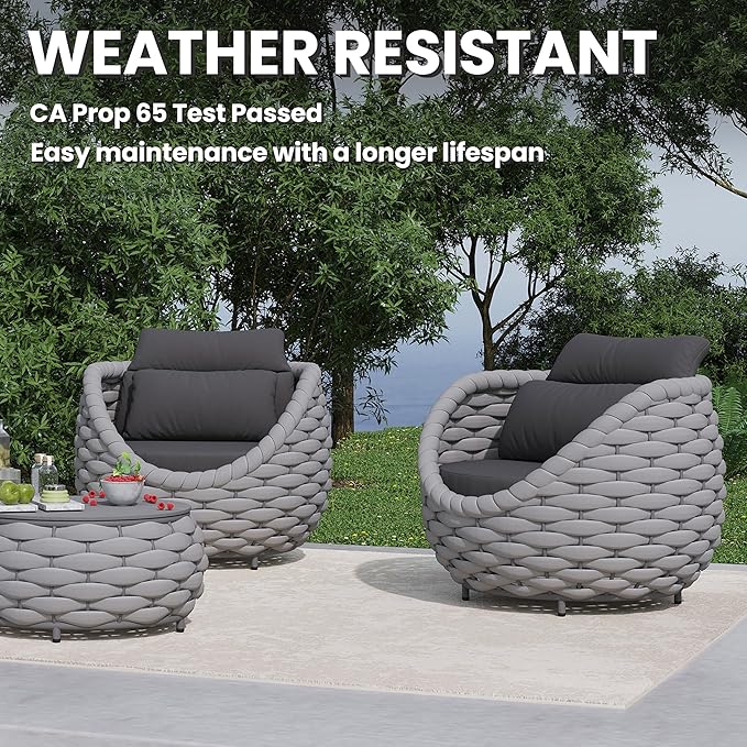 Erotr 3 Pieces Aluminum Patio Furniture Sofa Sets: Hand Woven Rope Outdoor Conversation Set of 2 - Assembled Modern Cushions Couch Armchair Table Set - All Weather for Indoor Deck Porch Pool Hotel